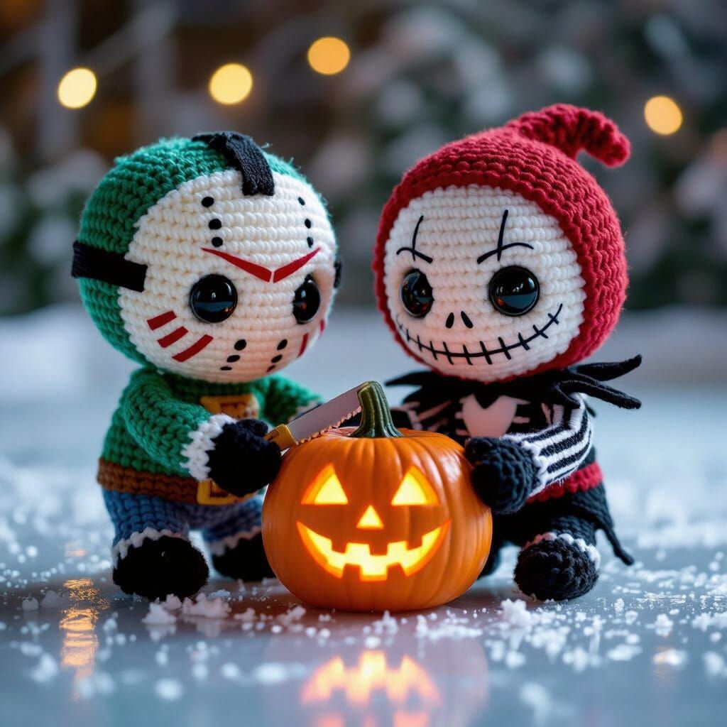 Amigurumi Horror Icons Carve Jack Skellington Pumpkin on Ice