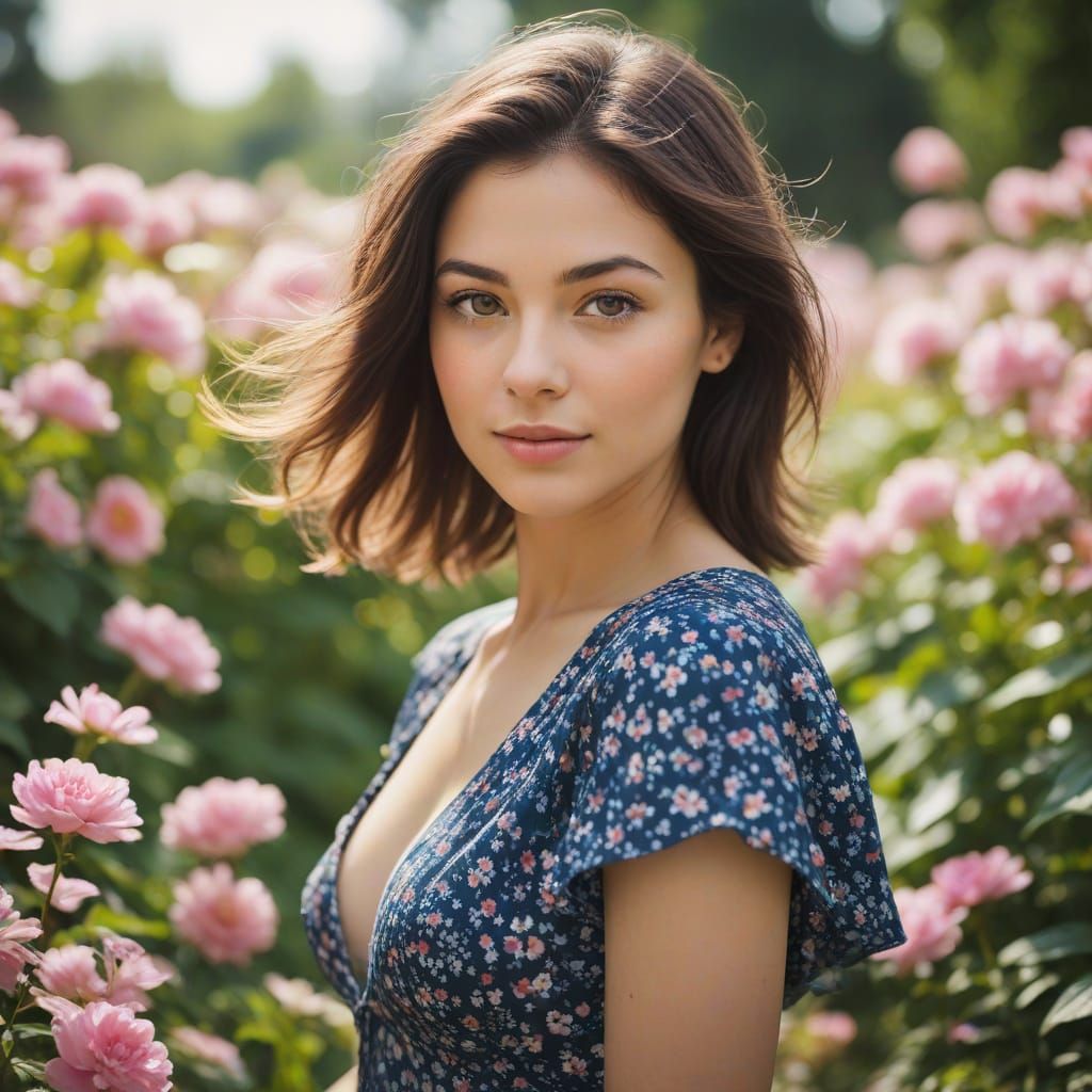 Woman in Flower Garden with Dreamy Bokeh
