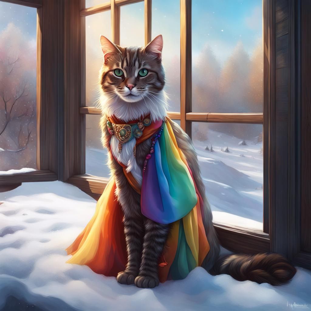 Cat in Rainbow Dress Portrait, Hyperdetailed Digital Art
