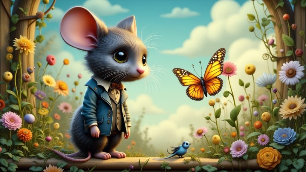Cute Mouse in Suit Admires Butterfly on Flower