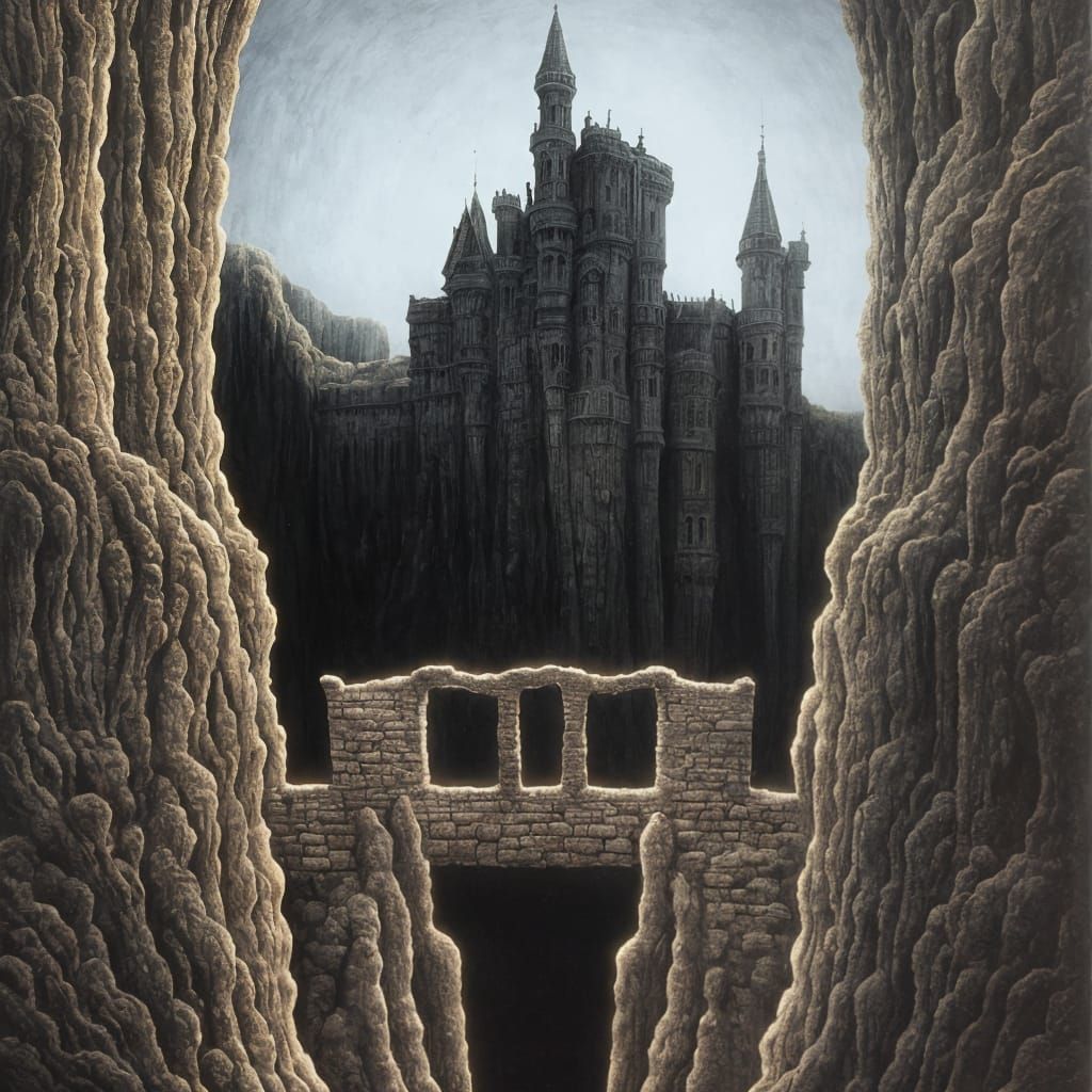 Surreal Castle with Moats in Dreamlike Landscape