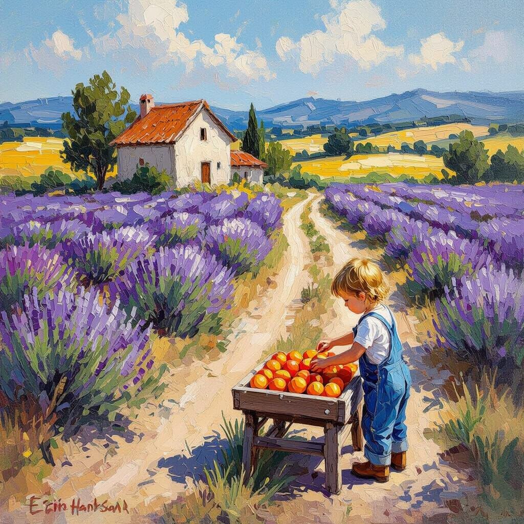 Farmstead with Lavender Field and Child Picking Apricots