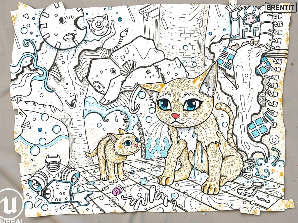 Surreal, Textured Cat Awaits Master in Rainy Street Scene