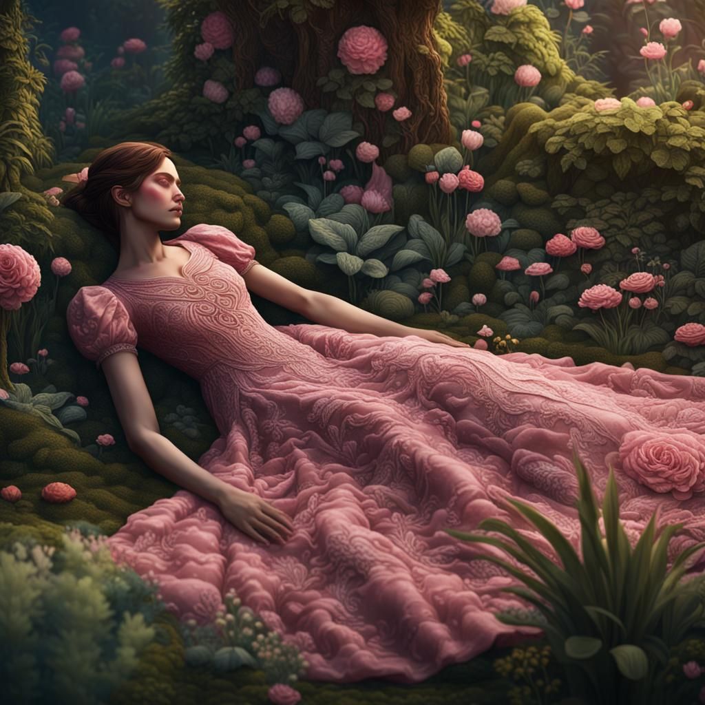 Surreal Garden: Woman Sleeping Among Plants with Eyes