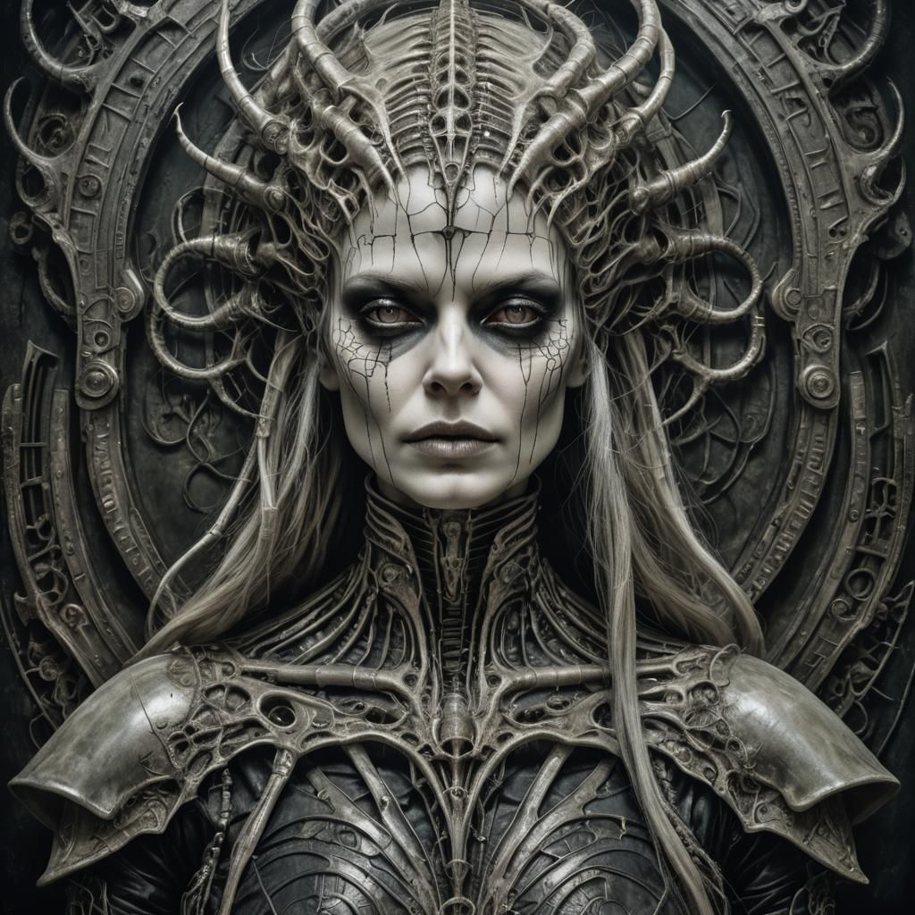 portrait of a woman in the style of victoria frances and stefan gesell and h.R. Giger