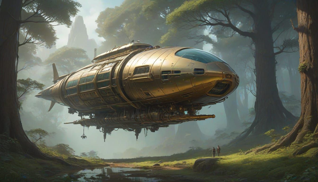 Sleek Alien Spaceship Descends on Mystical Moonlit Forest