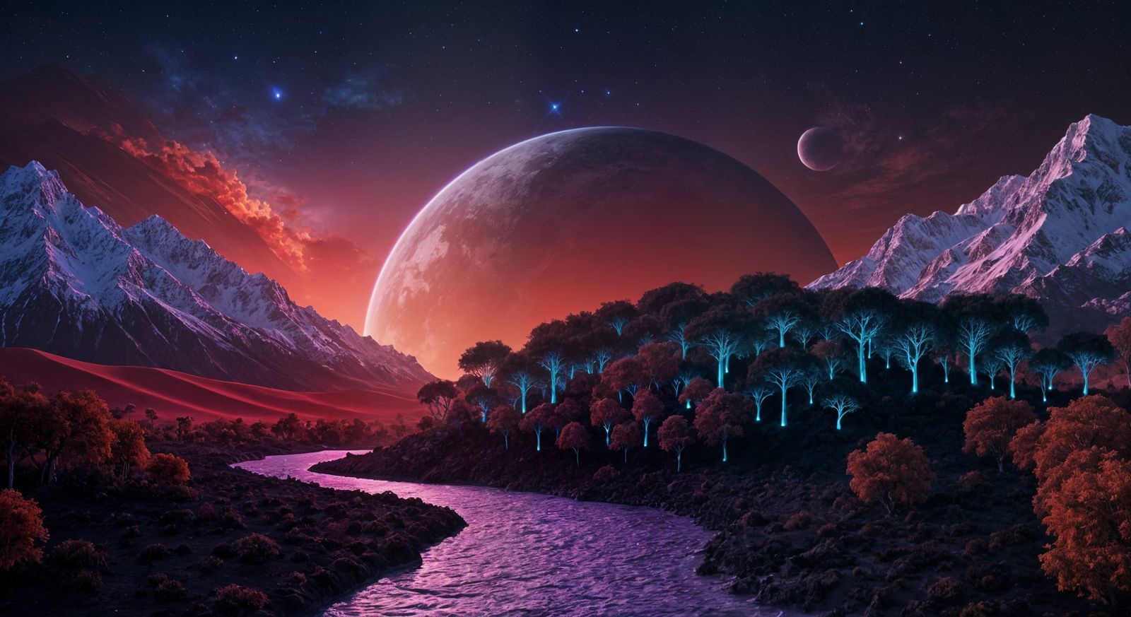 Vibrant Night Sky over Bioluminescent Desert Paradise