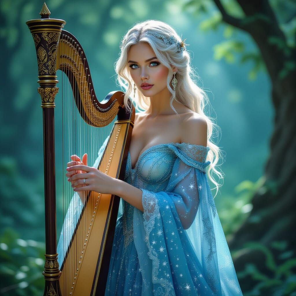 Enchanted Forest Harpist in Pre-Raphaelite Style