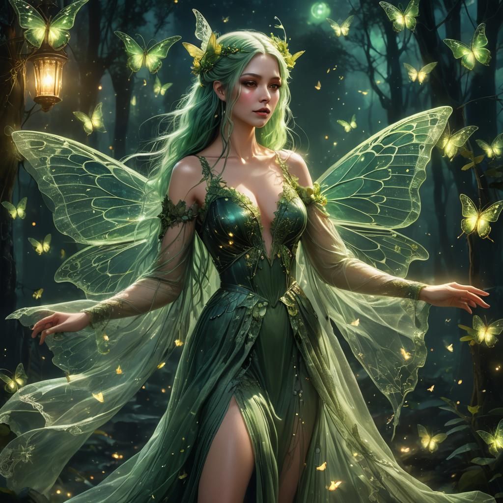 Green-Haired Fairy with Fireflies in Digital Painting