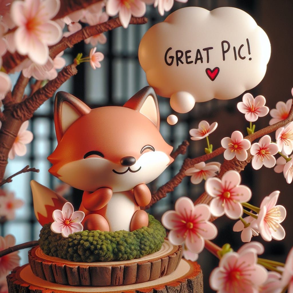 Cartoon Fox Cub in Blooming Cherry Tree