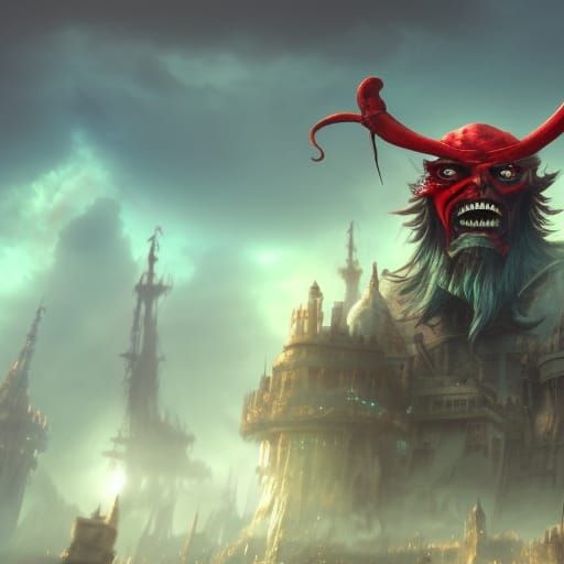 Angry Red Pirate Head in Sky: Fantasy Concept Art