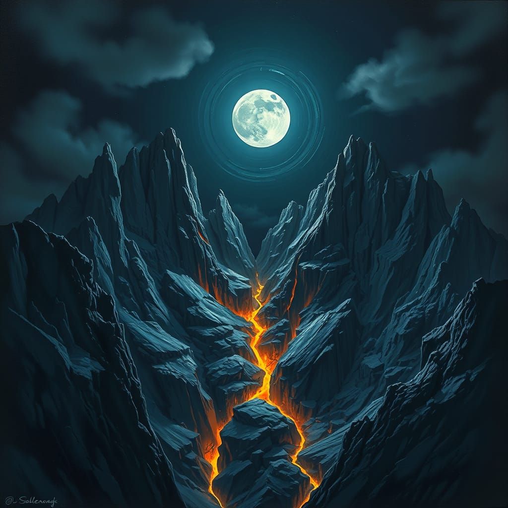 Cracked Moon Over Rocky Mountains in Dramatic Style