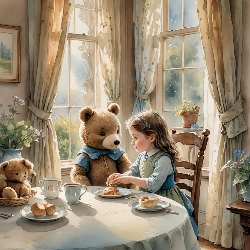 Girl and Teddy Bear at Children's Table