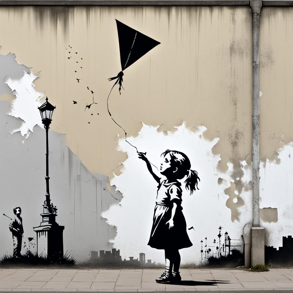 Girl with Kite in Street Art Style