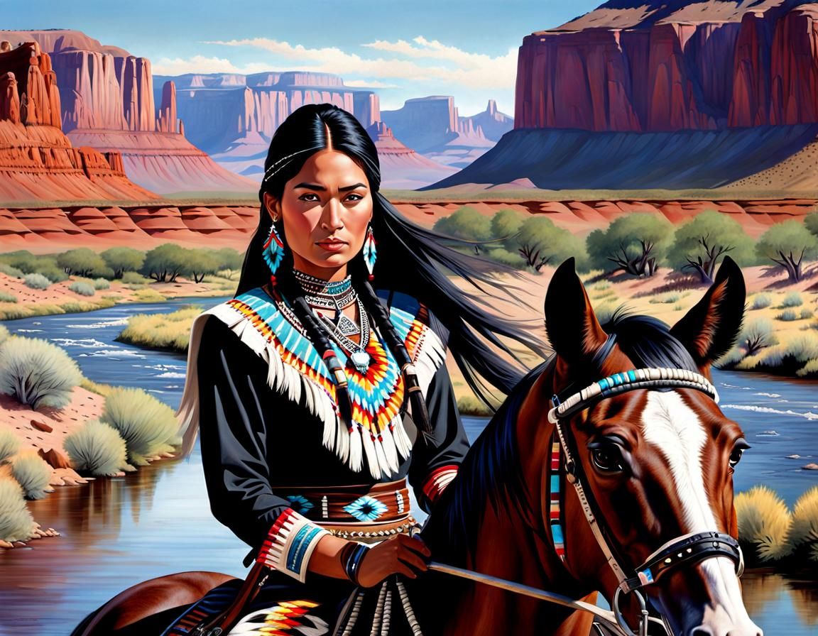 Navajo Woman Rides Appaloosa in Southwest, 19th Century