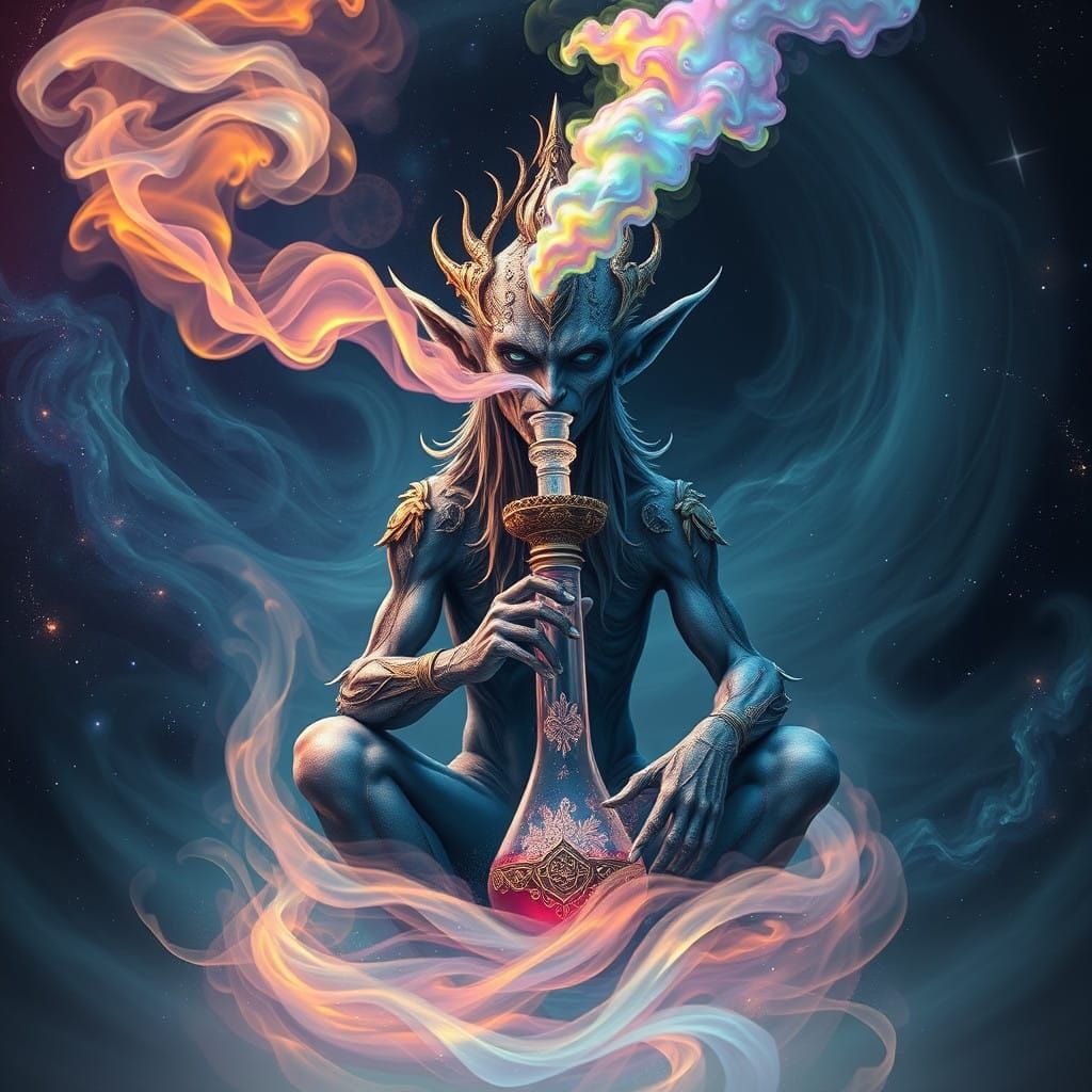 Cosmic Alien King in Vibrant Marijuana Smoke, Iridescent Ski...