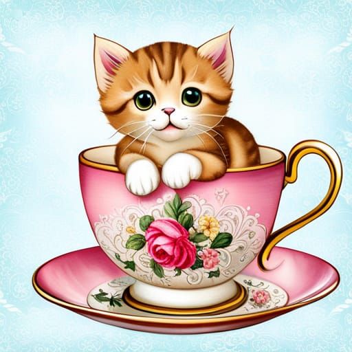 Kawaii Kitten in Teacup Vintage Scrapbook Clipart