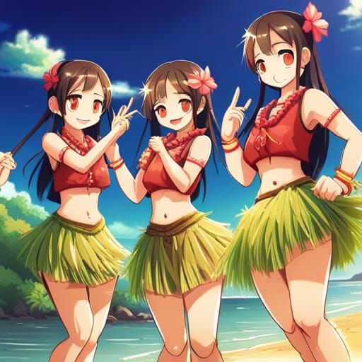 Smiling Hula Girls in Anime Style