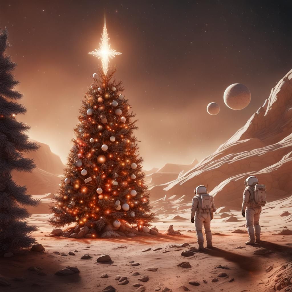 Christmas Tree on Mars with Spacemen: 8k Photo