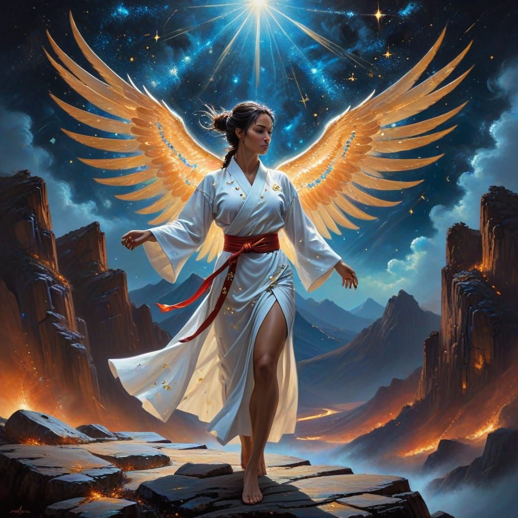 Celestial Valkyrie Practicing Karate as Oil Painting