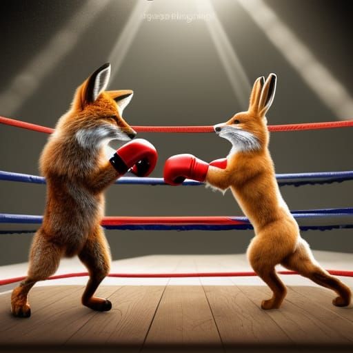 Fox and Rabbit Boxing Match in Hyperrealistic Style