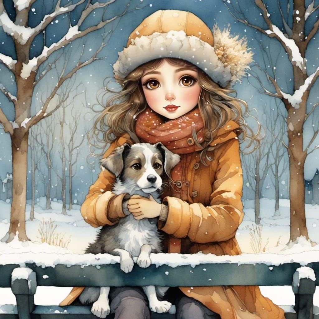Girl with Dog in Winter, Folk Art Style