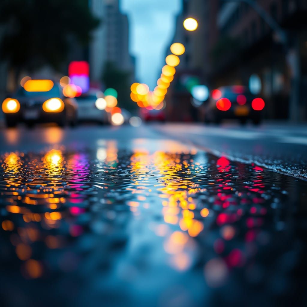 Dreamy City Lights Dance on Rainy Street