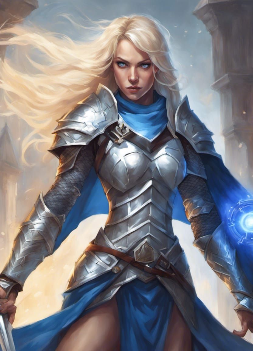 Fierce Blonde Heroine in Silver Armor