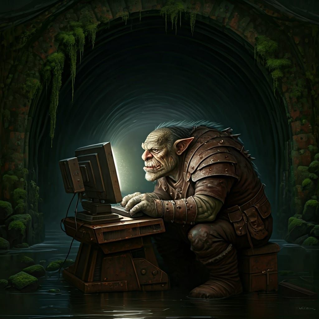 Grotesque Troll Under Bridge in Dark Fantasy Style