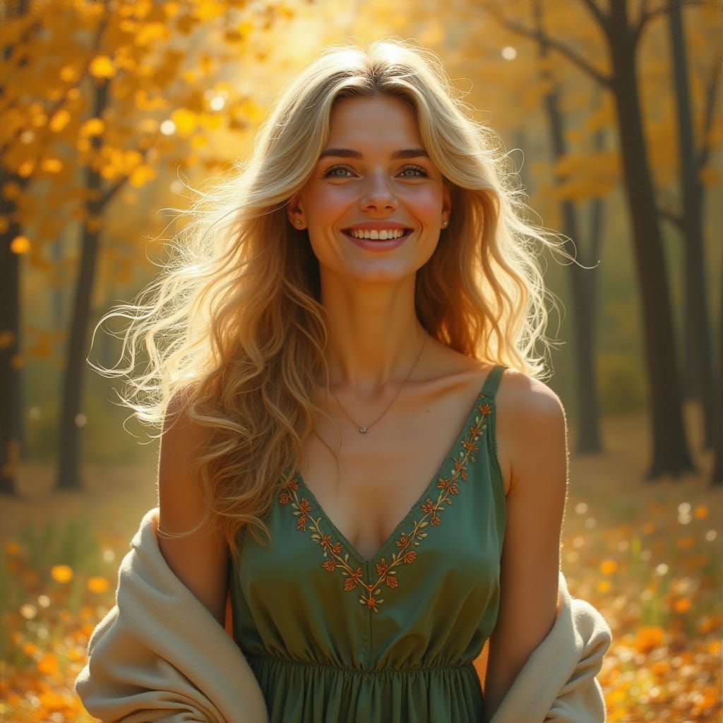 Serene Blonde Woman in Green Silk Dress in Autumn Forest