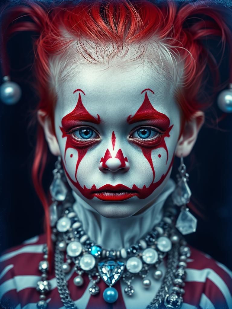 Cryopunk Albino Child with Harlequin Makeup in Cyanotype