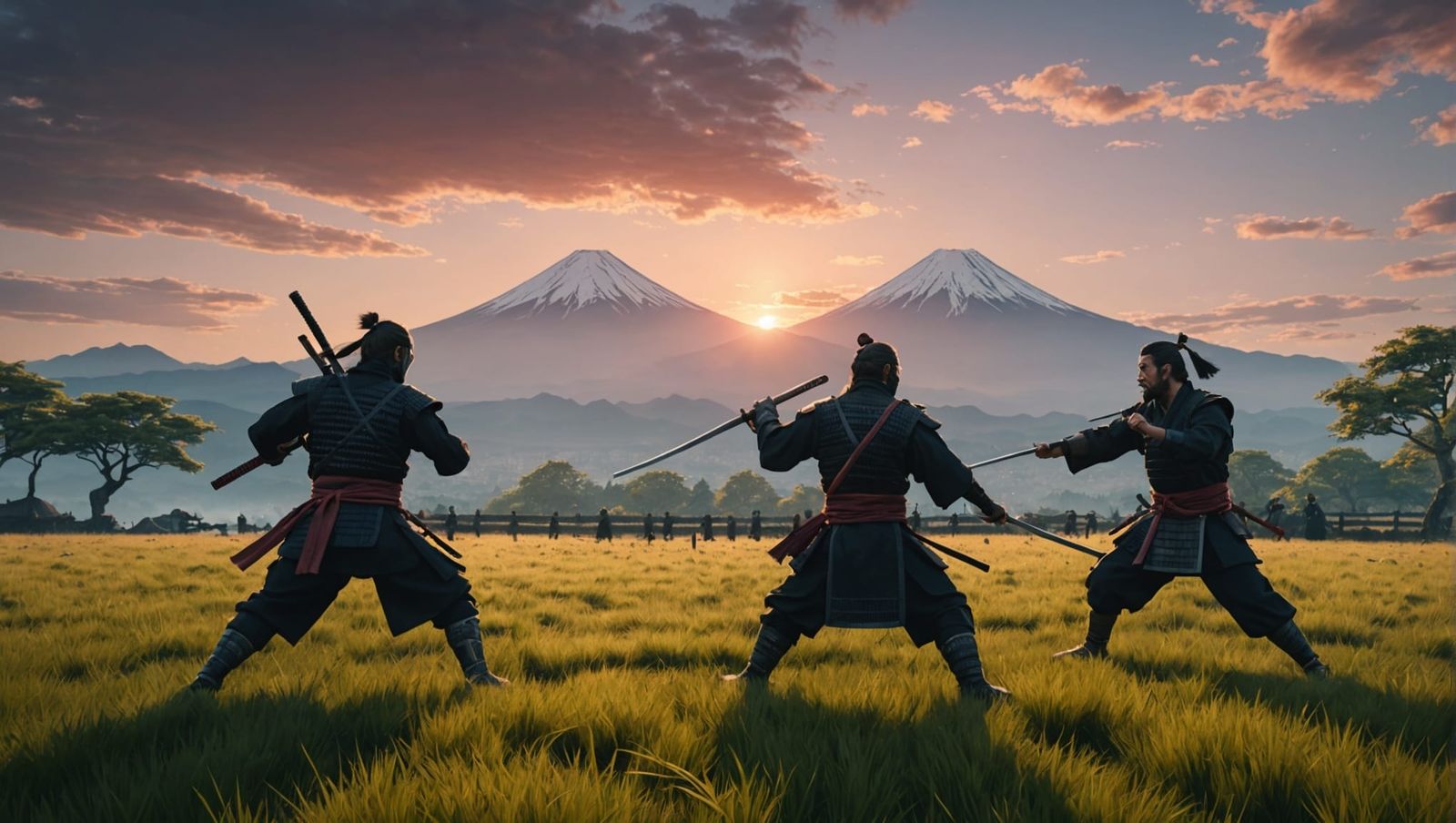 Ninja and Samurai Duel at Sunset: Matte Painting