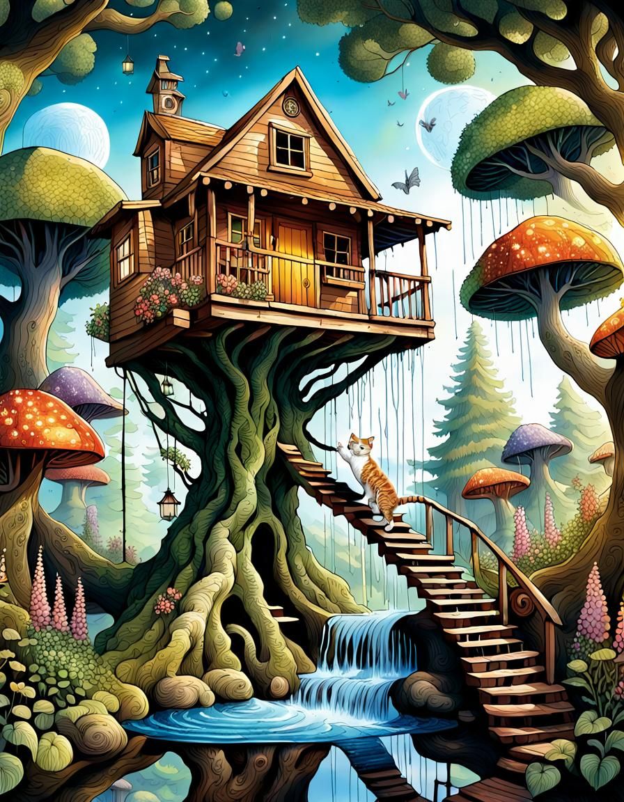 Cat Leaps from Treehouse: Photorealistic Iridescent Fairytal...
