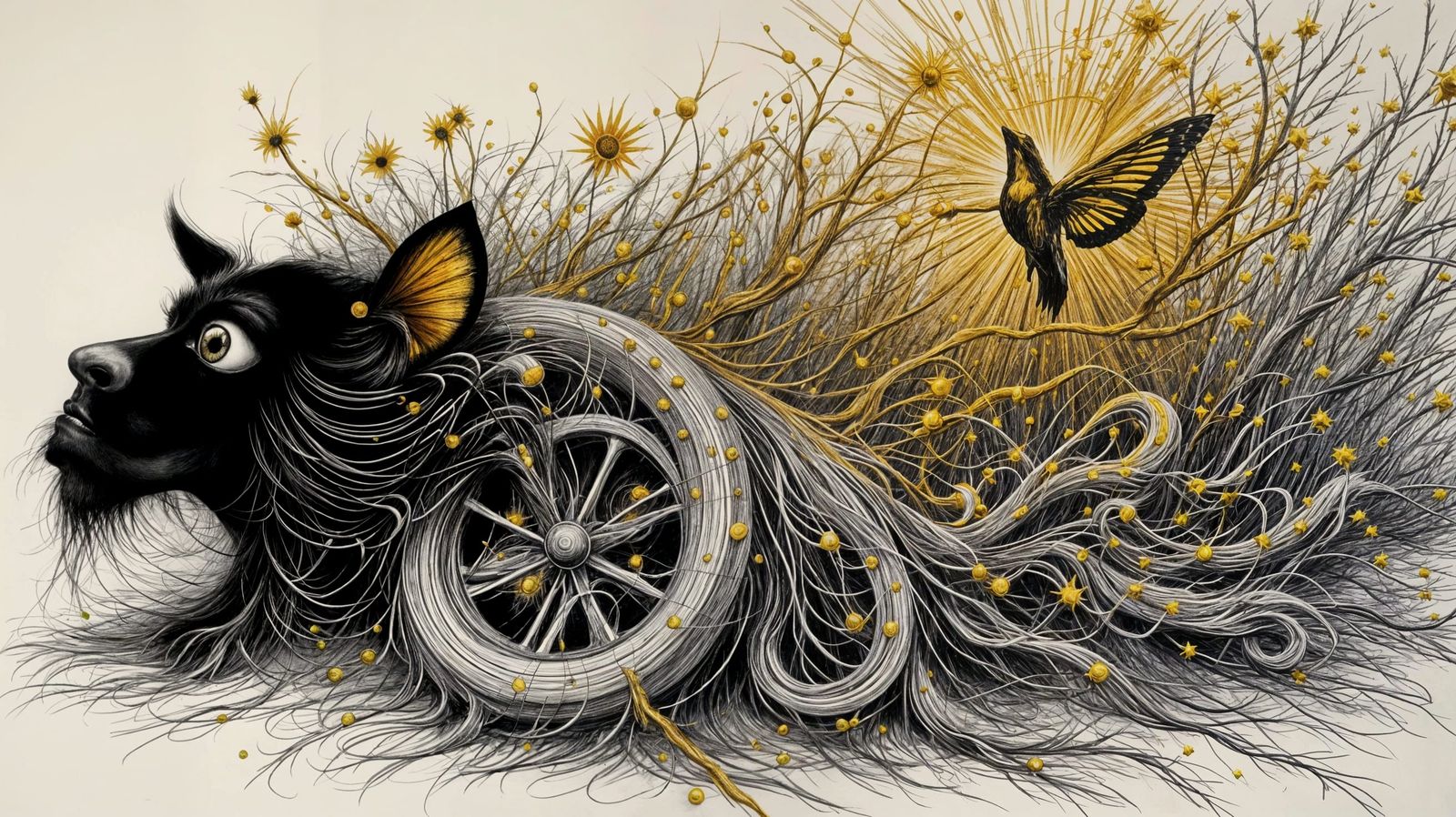 Solar Kinetic Black Dog and Hummingbird with Bold Lines