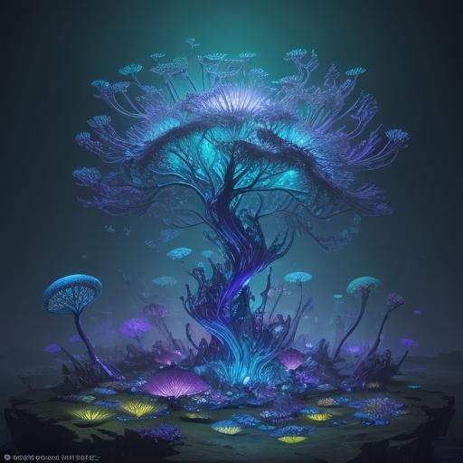 Microscopic Fantasy Ecosystem with Bioluminescent Life