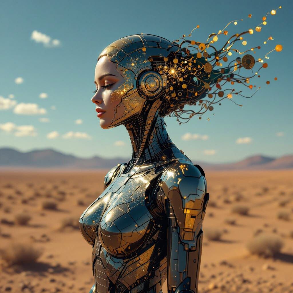 Woman in Barren Landscape: Gold, Steel, and Chromatic Dreams