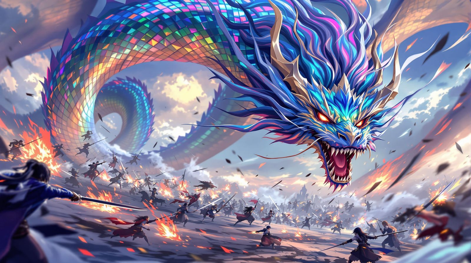 Iridescent Dragon and Anime Warrior in Epic Battlefield