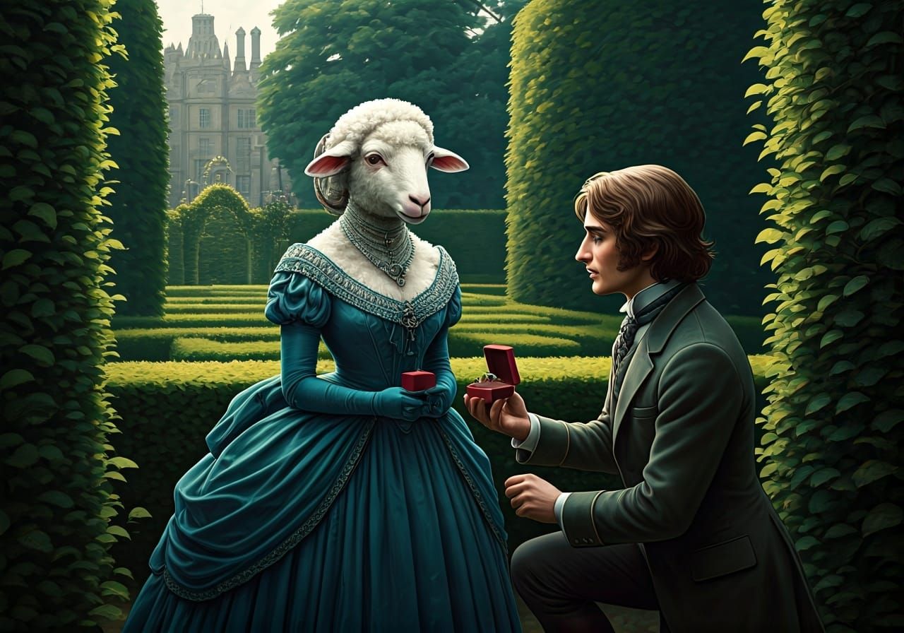 Fairytale Sheep Courtship: Arthur Rackham-Style Illustration