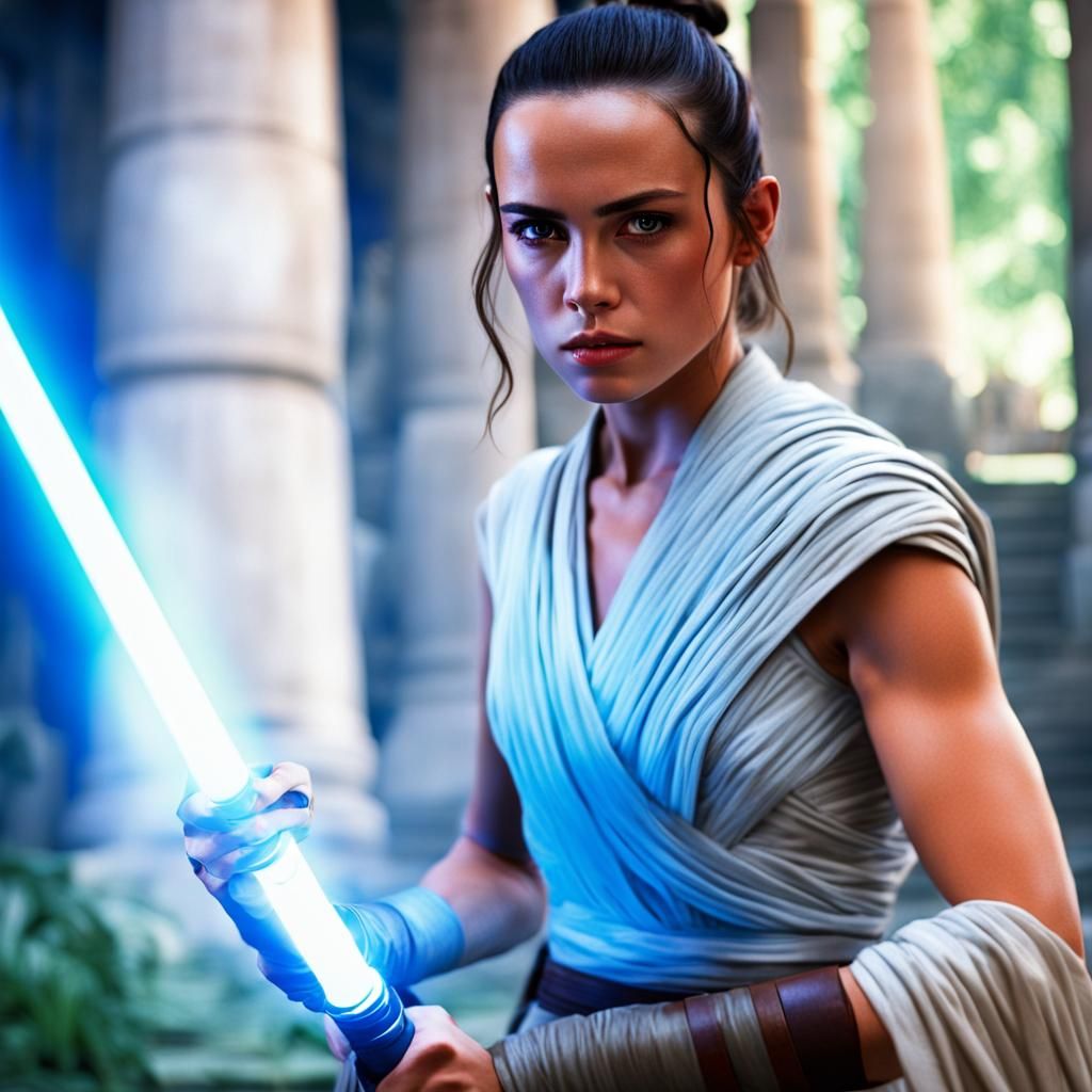 Rey Skywalker with Lightsaber in Ancient Temple