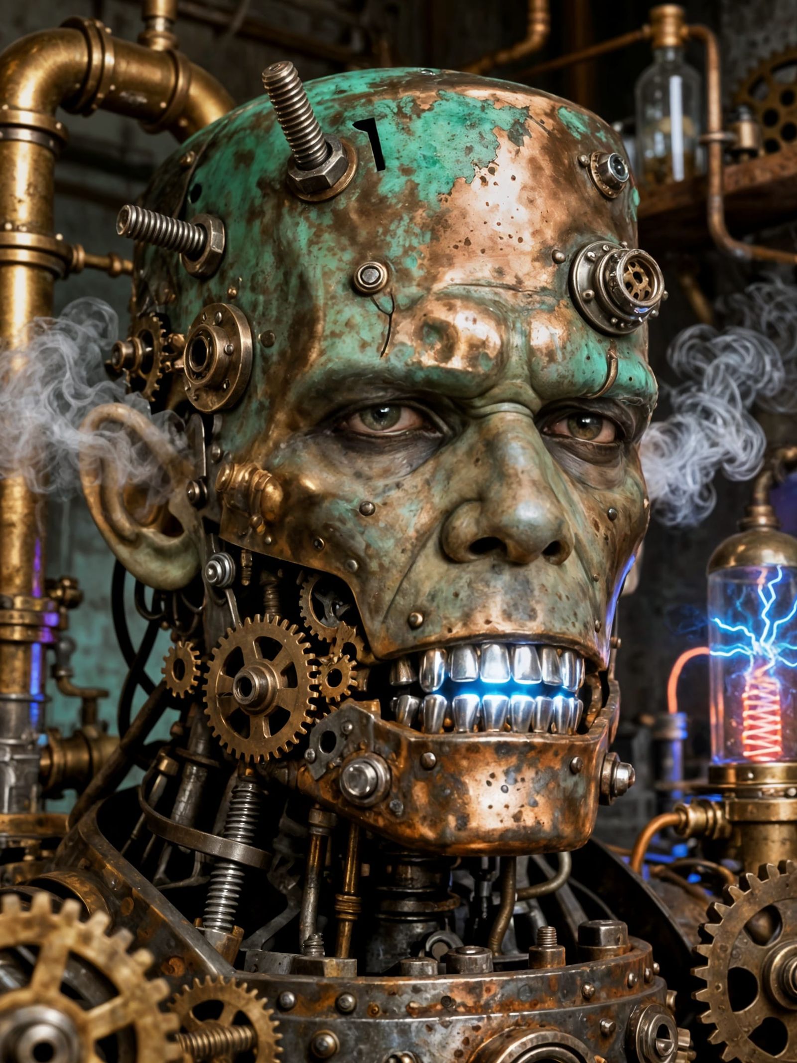 Steampunk Frankenstein Monster Portrait with Oxidized Copper...