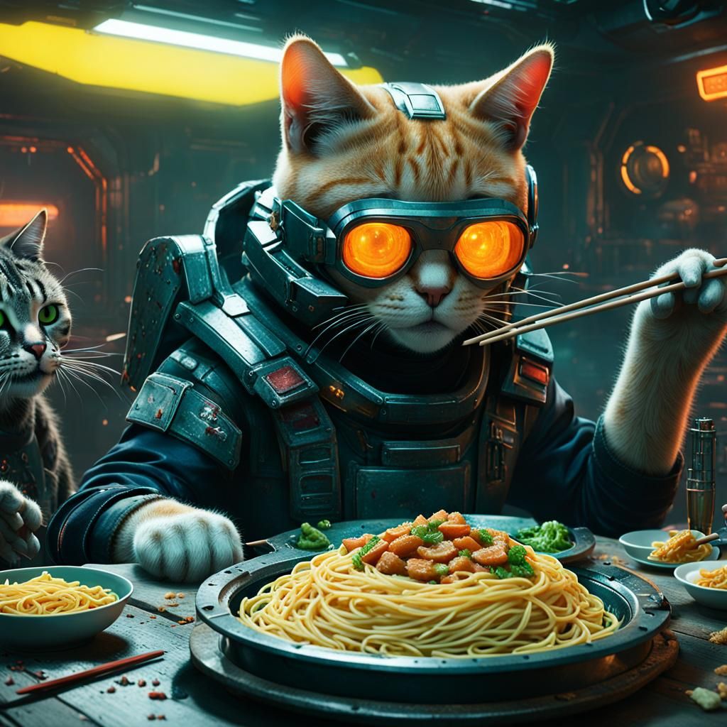 Cat and Androids Enjoy Pasta in Cyberpunk Spaceship