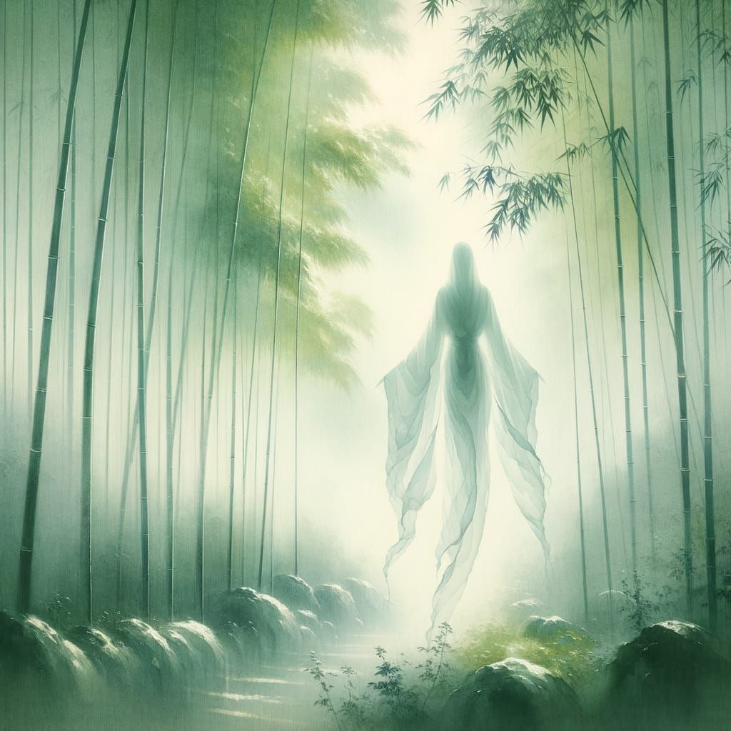 Ethereal Figure in Serene Bamboo Forest, Japanese Ink Wash S...