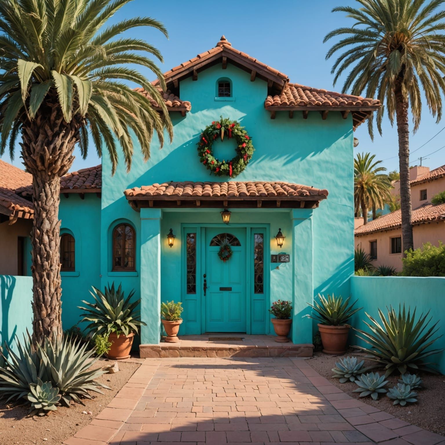 Spanish Adobe Home Under Vibrant LED Twinkling Lights