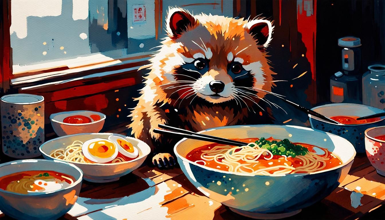 Tanuki Eating Ramen in Detailed Watercolor Painting