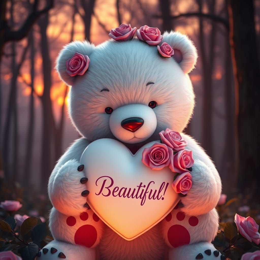 Whimsical Bear with Roses and Heart in a Dreamy Forest