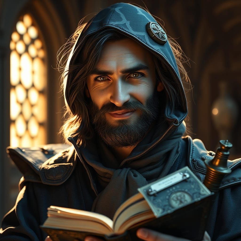 Gothic Mage with Mystical Artifacts in Golden Light