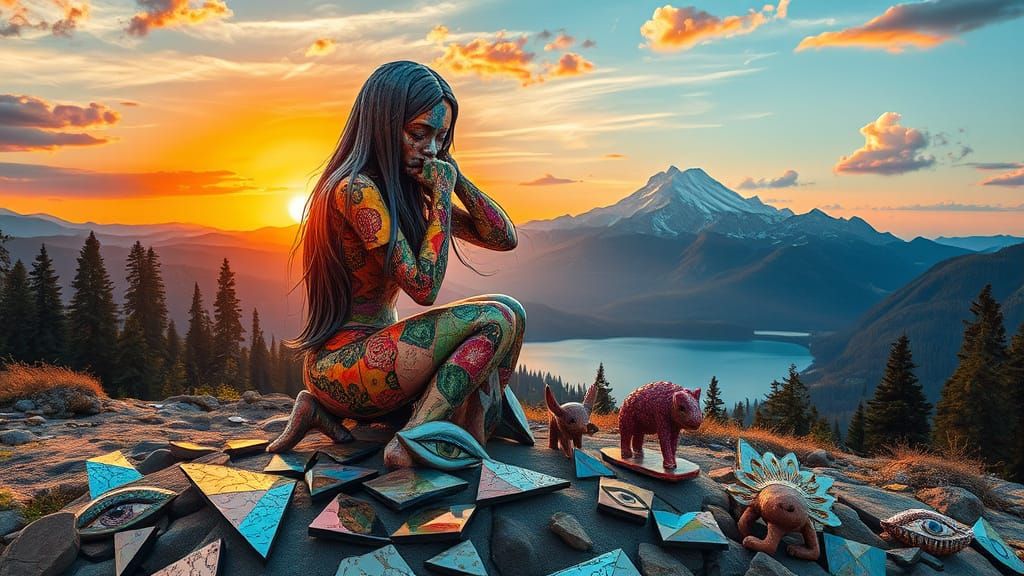 Surreal Fragmented Sculpture of Woman at Sunset