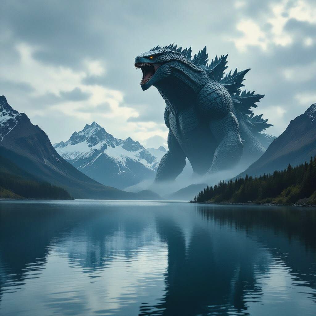 Colossal Creature Over Breathtaking Lake and Mountain Vista