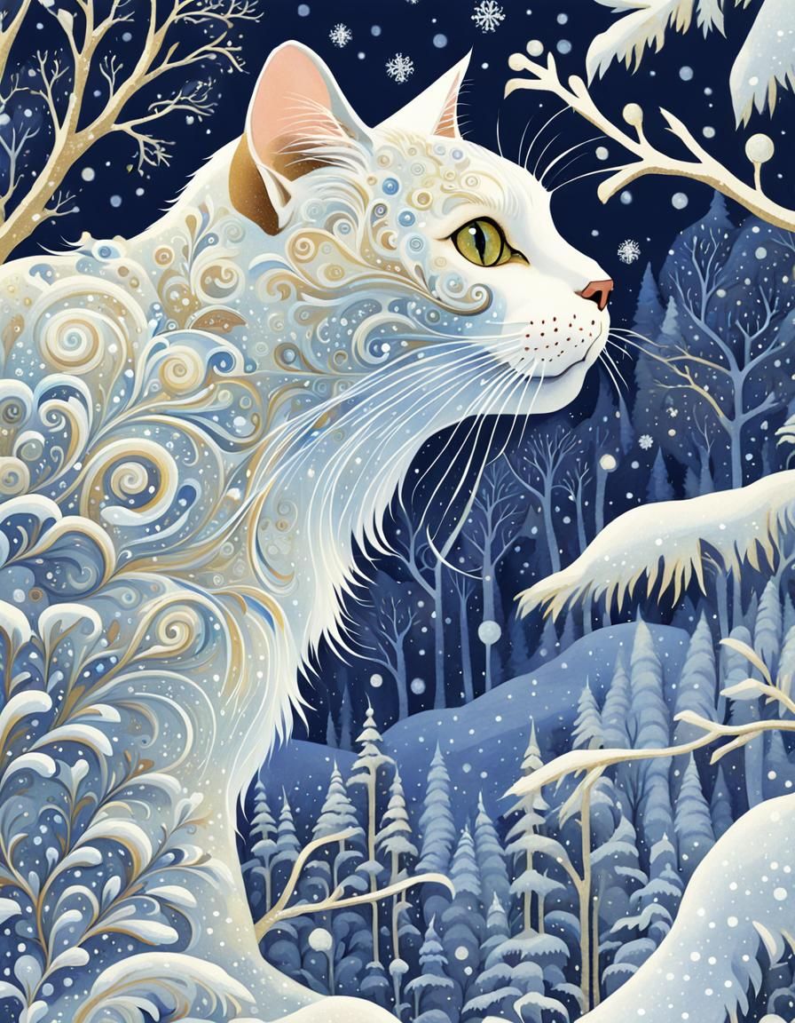 Whimsical Winter Wonderland: A Close-Up of a Snowy Cat