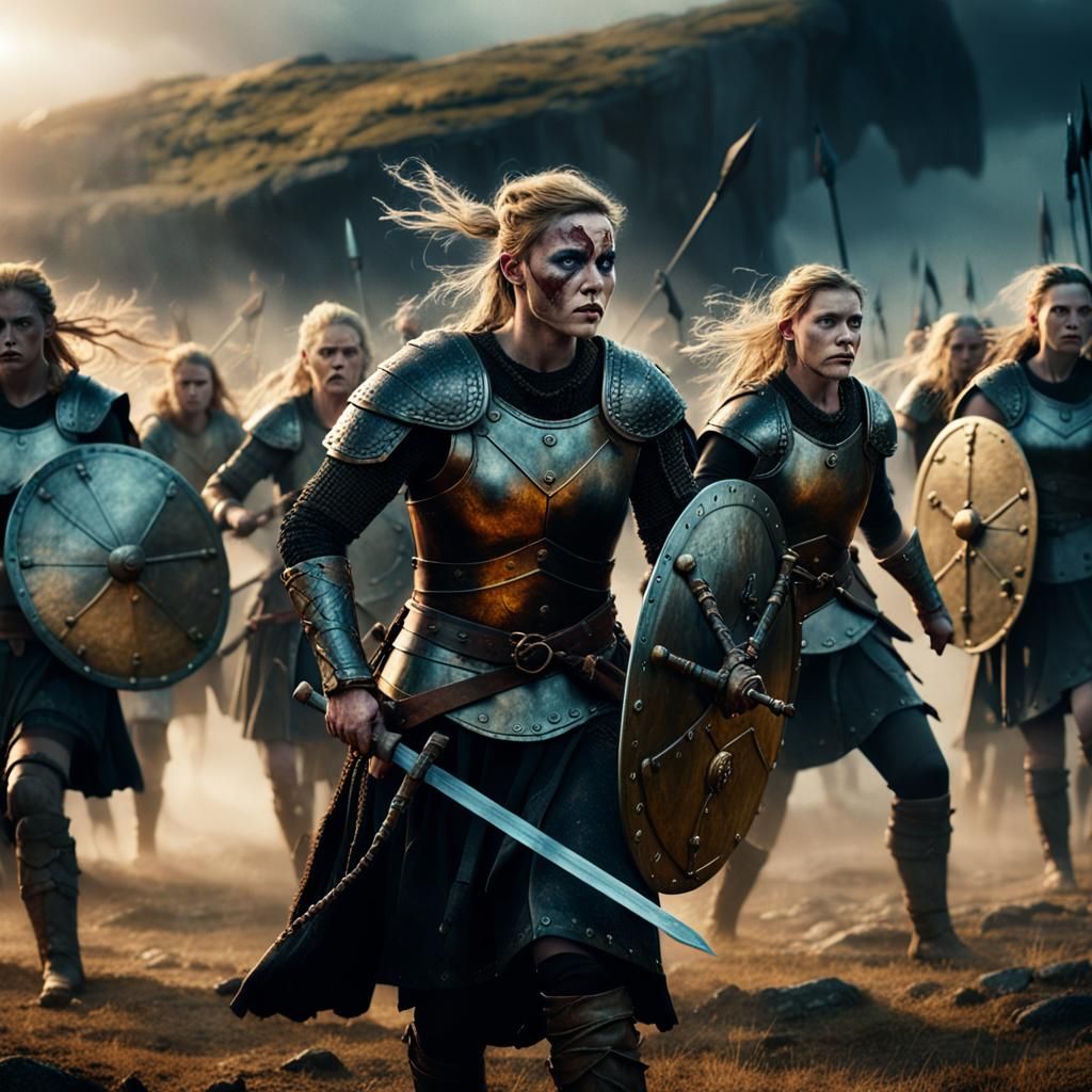 Viking Shieldmaidens Clash Swords on Misty Battlefield